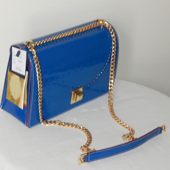 ARCADIA Genuine Patent Leather Flap Chain Crossbody Bag Sapphire Blue Italy NWT - Picture 3 of 13